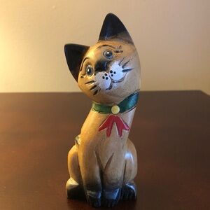 Vintage Folk Art Carved Wooden Cat Figurine Hand Painted